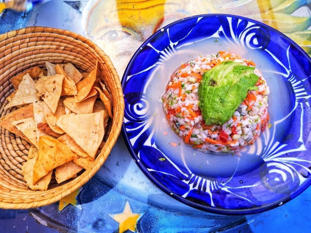 Peruvian Ceviche: brown and green dish on blue and white ceramic round plate